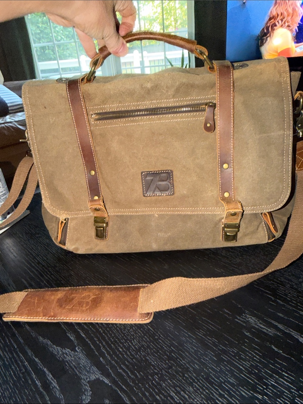 Brand brown green Canvas rugged briefcase   with Leather Trim